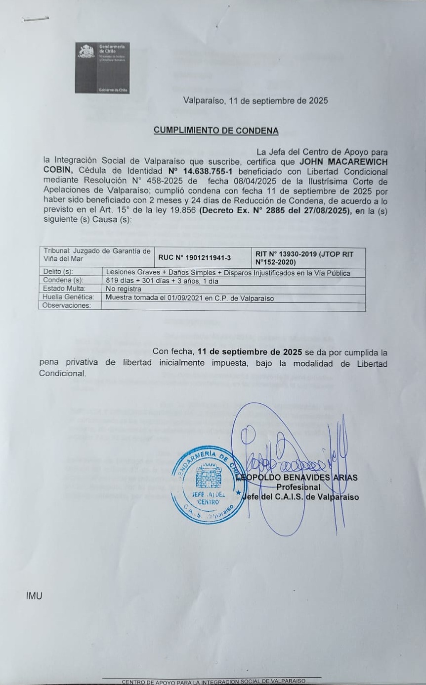Certificado de Cumplimiento de Condena - 11 de septiembre de 2025